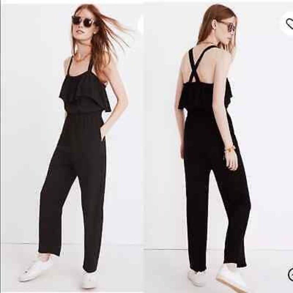 Madewell Apron Ruffle Jumpsuit Black Summer Casual Basic Sz XL